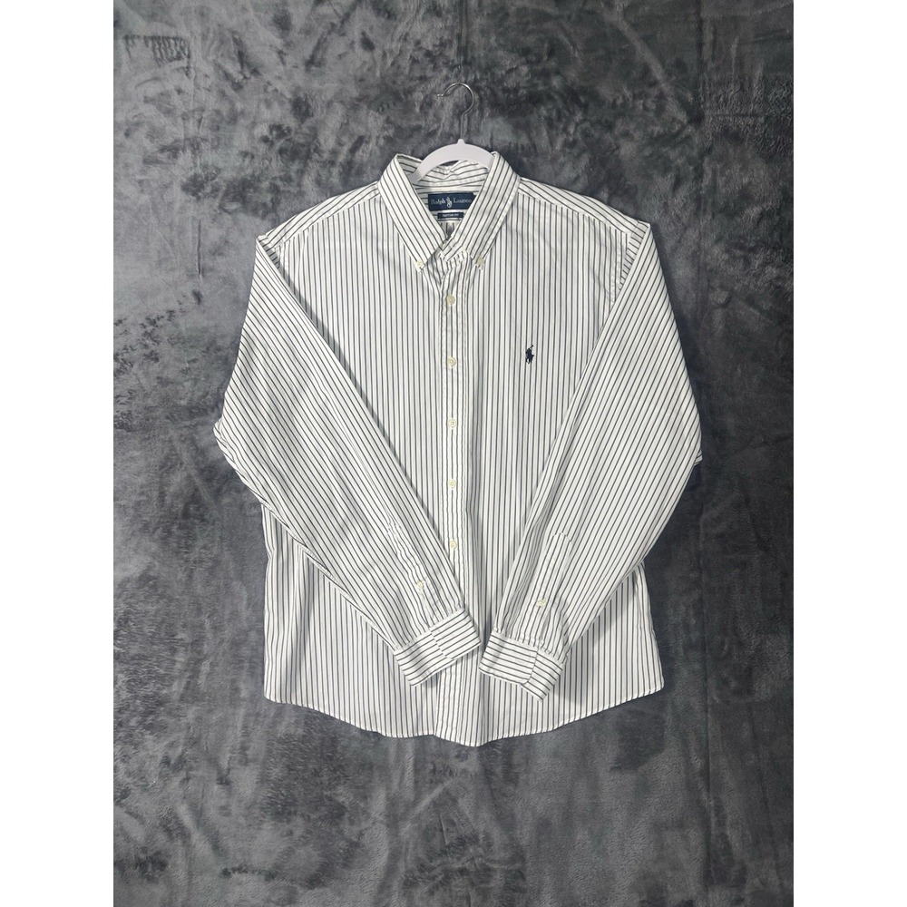 Ralph Lauren Mens XXL Custom Fit Striped Button Down Shirt White Navy Blue Pony